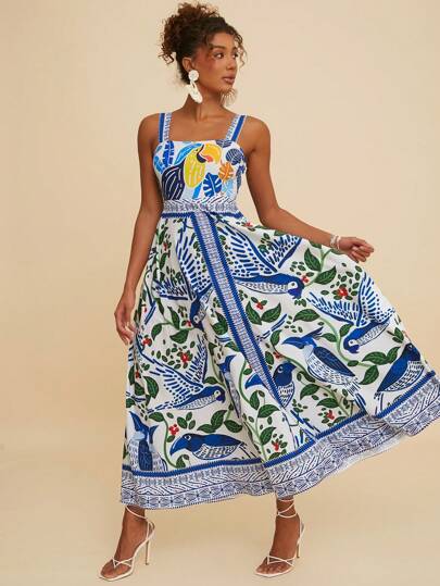 Travachic Women's Blue & White Flower Printed Long Dress,Midi Women Dresses,Fall Women Dresses,Fall Women Clothes,Fairy Core Dress