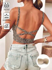 SHEIN VCAY Fall Women Clothes Fall And Winter Elegant Women Leopard Pattern Knit Sleeveless Bra Free Shapewear Backless Tight-Fitting Round Neck Padded Breathable Basic Camisole Top