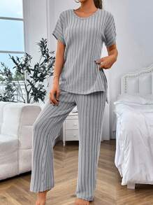 Women Solid Color Round Neck Short Sleeve Casual Top And Pants Loungewear Set Outfit