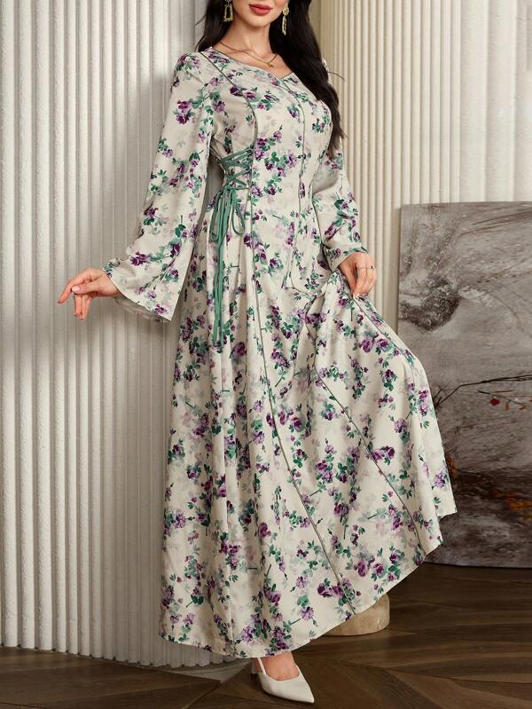 Al Najma Robe style arabe à manches longues avec imprimé floral tout-sur-tout et laçage. Robe-caftan maxi élégante et décontractée coupe trapèze. Robes arabes pour soirée/invité de mariage/anniversaire