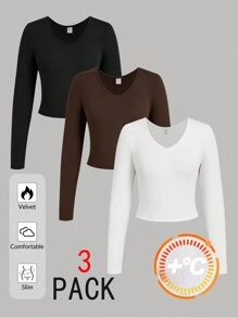 SHEIN Teen Girl Buy 1 Get 2 Free 3pcs/Set Black, White, Brown Casual Reversible Thermal Lined Warm Long Sleeve Fitted Cropped T-Shirts, Fall Top - Multicolor - View 1