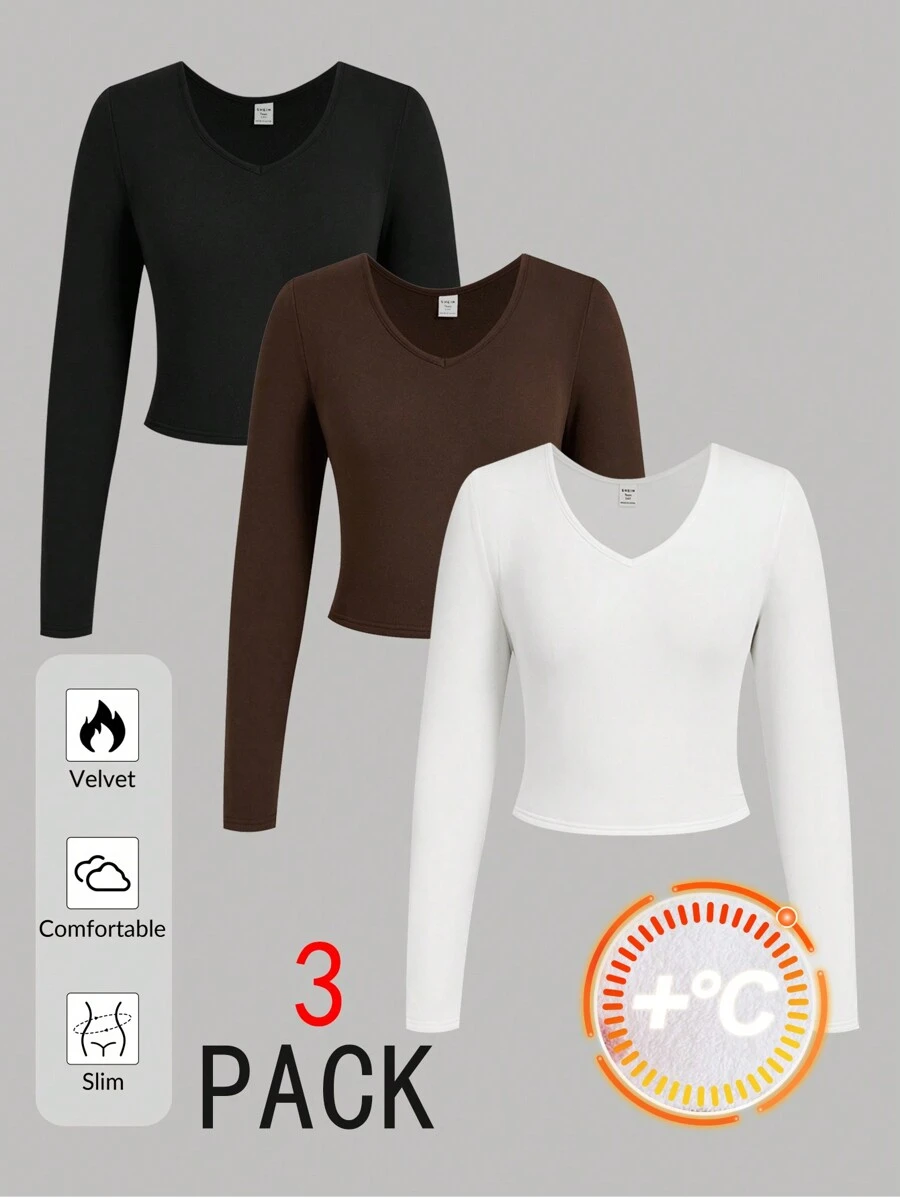 SHEIN Teen Girl Buy 1 Get 2 Free 3pcs/Set Black, White, Brown Casual Reversible Thermal Lined Warm Long Sleeve Fitted Cropped T-Shirts, Fall Top - Multicolor - View 1