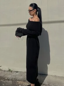 DAZY Off-The-Shoulder Fitted Knitted Dress For Women Off Shoulder,Fall Clothes Women Sweater Dresses - Black - View 3