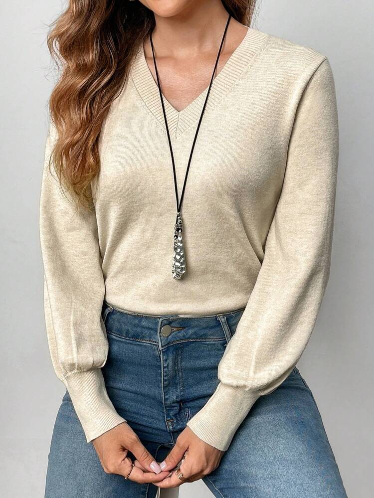 Women's Casual V-Neck Lantern Sleeve Knitted Sweater
