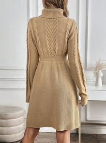 Chiquease 复古高领高腰修身纹理针织毛衣女连衣裙 - 卡其色 - 查看 2