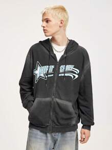 ROMWE MEN Prep Men's Spring And Autumn Casual Star Letter Print Zip-Up Hoodie - Black - View 4