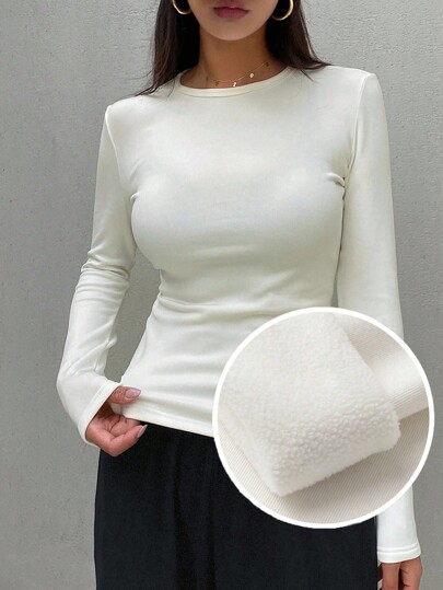 DAZY Women's Thermal Lined Solid Color Tight-Fitting T-Shirt Long Sleeve Women Tops, Thermal Lined Fall,Winter Thermal Lined