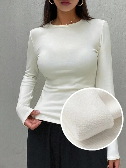 DAZY เสื้อยืดแขนยาวรัดรูปสีพื้นบุซับในกันหนาวสำหรับผู้หญิง, บุซับในกันหนาวสำหรับฤดูใบไม้ร่วง/ฤดูหนาว