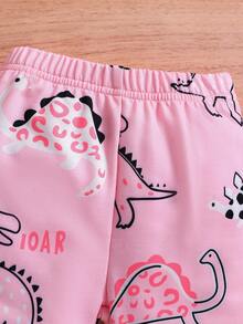 Bộ 2 món/Bộ đồ thể thao thường ngày in hình khủng long dễ thương cho bé gái, Thu/Đông - Hồng - Xem 5