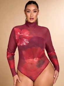 SHEIN BAE Malla larga de manga larga con estampado floral grande, elegante, sexy y dulce, body de talla grande para otoño