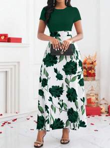 Lyxana Solid Color Patchwork Round Neck Short Sleeve Casual Long Dress Maxi Women Outfit