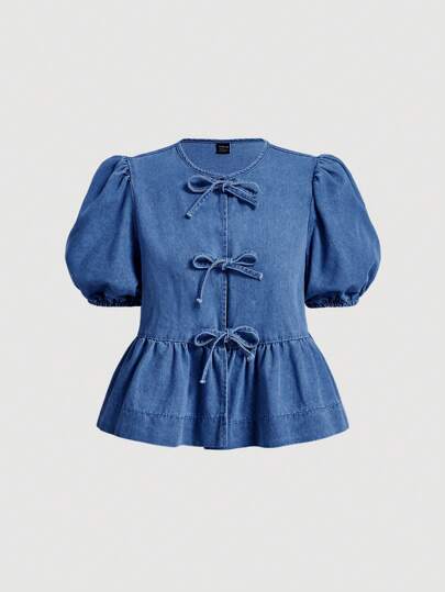 SHEIN MOD Women's 90s Fashion Women Vintage Crew Neck Sweet Blue Short Puff Sleeve Denim ToP, Back To School, Fall, Homecoming, Birthday