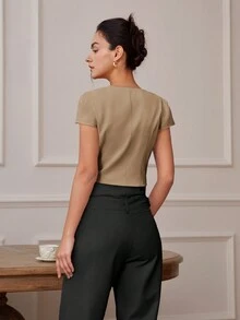 Women's Summer Casual Minimalist Front Button Crop Top, Wide Collar - Brown - View 2