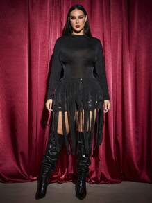 SHEIN SXY Plus Size Tight Fit Long Sleeve Fringe Party T-Shirt Halloween Clothes - Black - View 7