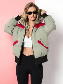 VARSITIE Contrast Printed Hooded Long Sleeves With Threaded Stitching Women Sports Winter Coats - Green - View 4