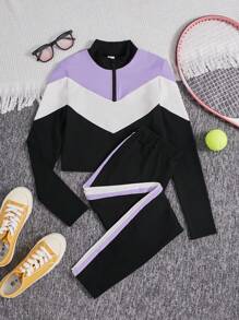SHEIN Leap Crew 2pcs Teenage Girls' Color Block Collared Half-Zip T-Shirt And Casual Pants Set - Mauve Purple - View 7