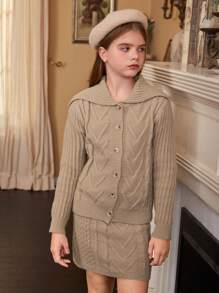 SHEIN 2pcs/Set Teenage Girls Fashion Simple Solid Color Lapel Sweater Cardigan And Mini Skirt Suit, Autumn - Khaki - View 9