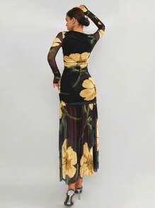 Aloruh Robe fleurie pour femmes à manches longues froncées, imprimé floral avec ourlet contrastant en maille, style romantique pour rendez-vous