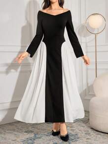 Modelyn Robe de soirée longue casual à col V, manches longues, de couleur unie et patchwork, pour femmes