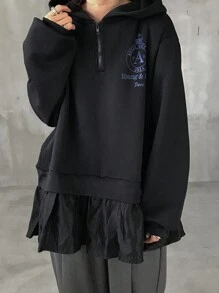 FRIFUL 女款荷葉邊拼接字母印花連帽寬鬆加厚保暖內裡運動衫，秋季女裝連帽衫 - 黑色 - 查看 4