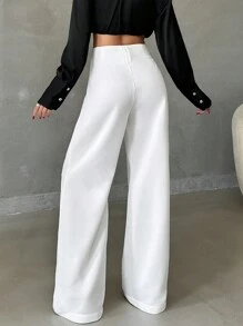 SHEIN Tall 女士纯色高腰阔腿裤 - 奶油色 - 查看 2