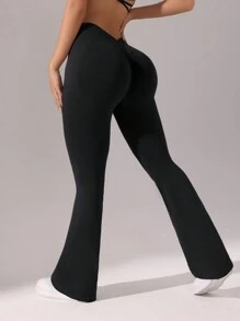 SHEIN Sports Quần thể thao thường ngày loe cạp bất đối xứng màu trơn cho nữ - màu đen - Xem 5