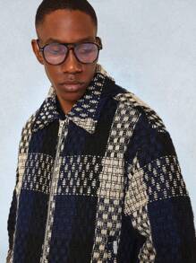 SUMWON Textured Boxy Jacket Knit Winter Holiday Geometric Pattern Zip Front Casual Vintage Style Retro Fashion Classic Checkered College - Yellow - View 4