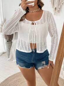 Calvaya Plus Size Casual Hollow-Out Knitted Cardigan, Autumn