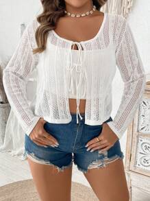 Calvaya Plus Size Casual Hollow-Out Knitted Cardigan, Autumn