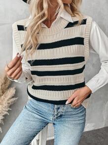 Chiquease Women Casual Colorblock Striped Pattern Knitted Sweater Vest, Shirt Not Included