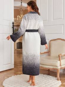 Soft & Cozy Ombre Gradient Color Long Sleeve Bathrobe Sleepwear - Black - View 2