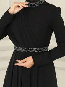 女士优雅纯色奢华阿拉伯风格长款连衣裙，收腰设计，端庄得体 - 黑色 - 查看 4