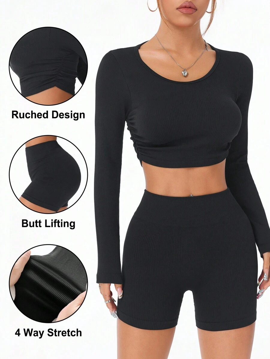 SHEIN Sports 无缝纯色罗纹高弹力女士运动套装 - 黑色 - 查看 1