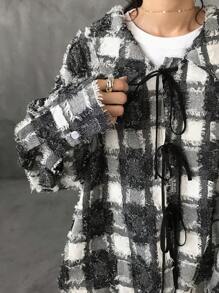 FRIFUL 女士春秋格子系带超大长袖休闲衬衫、法兰绒女装、秋季女装 - 黑色 - 查看 9