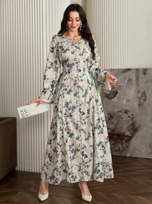 Al Najma 花卉印花长袖系带阿拉伯风格连衣裙，休闲优雅 A 字形长款卡夫坦 Jalabiya 阿拉伯连衣裙，适合晚会/婚礼嘉宾/周年纪念 - 彩色 - 查看 4