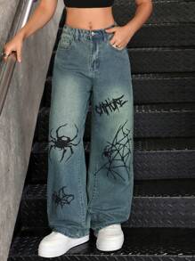 SHEIN Teen Girls Y2k Blue Denim Vintage Wash Retro Spider Web Print Relaxed Fit Wide Leg Blue Jeans, Halloween Denim Pants , Girl Fall And Winter Clothes - Medium Wash - View 5