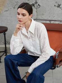 Aveloria Modichic Fashionable Minimalist Commuting Hollow-Out Loose Embroidered Long Sleeve Shirt - White - View 1