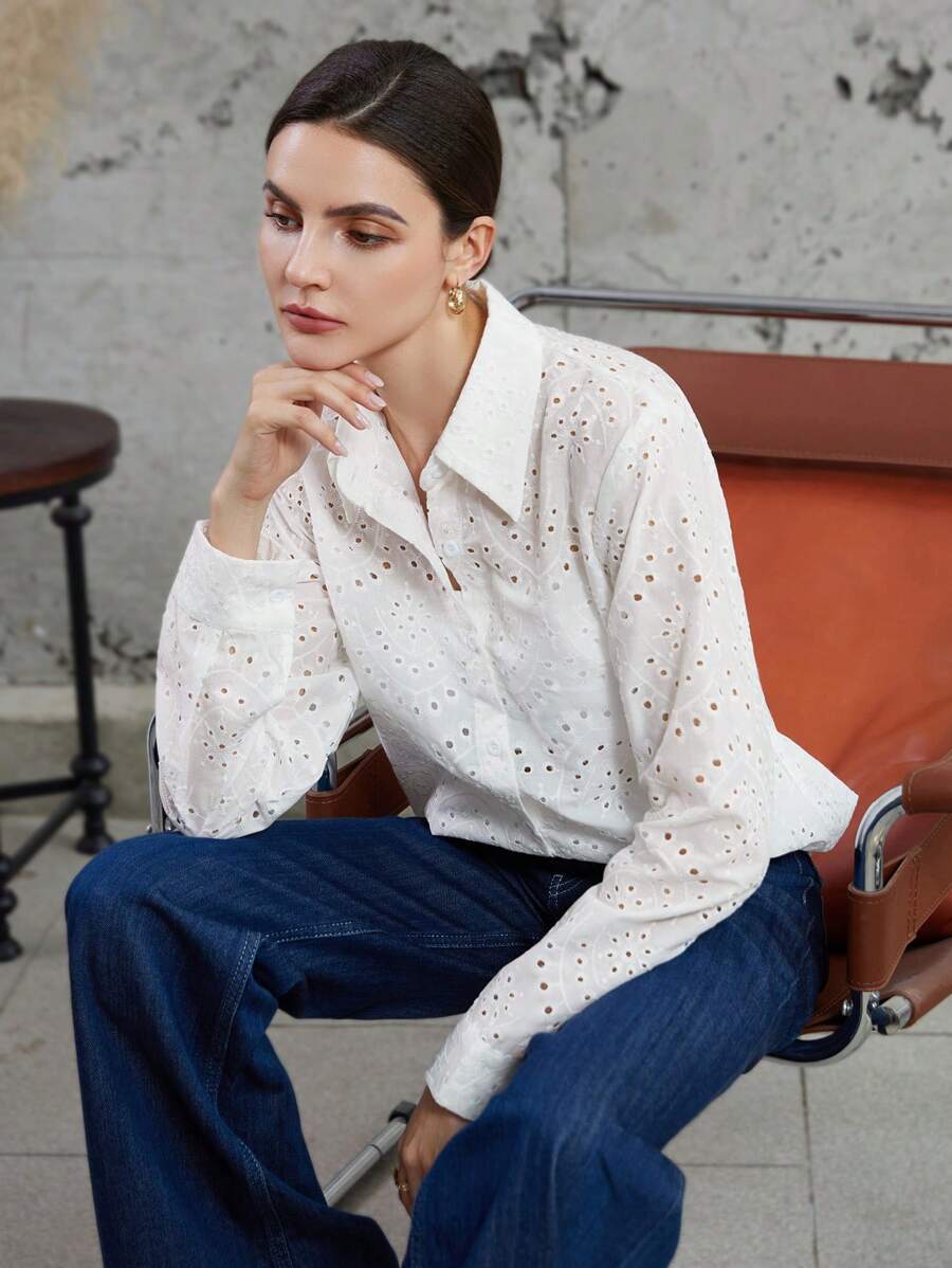 Aveloria Modichic Fashionable Minimalist Commuting Hollow-Out Loose Embroidered Long Sleeve Shirt - White - View 1