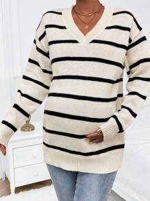 SHEIN 孕妇 V 领长袖条纹设计休闲舒适孕妇毛衣，适合冬季 - 彩色 - 查看 4