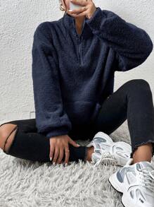 SHEIN Frenchy Schlicht-Frontreißverschluss Langarm Basis Kapuzenpullover, Lässiger Alltagsvertrag, Langarm Oberteile - marineblau - Übersicht 3