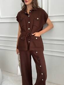 EURMUSE 2 Pcs Zipper Detail Sweater Pant - Brown - View 5