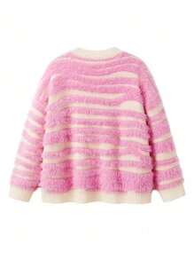 Flirla 大码圆领宽松拼色条纹毛衣，秋冬 - 粉色 - 查看 2