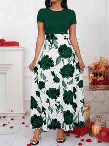 Lyxana Solid Color Patchwork Round Neck Short Sleeve Casual Long Dress Maxi Women Outfit