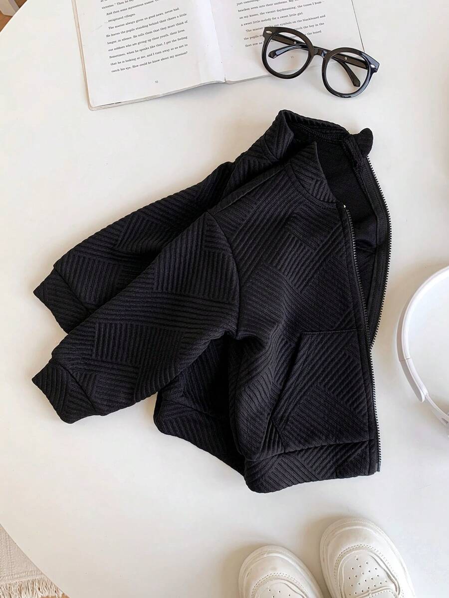 SHEIN 男婴/女婴可爱百搭黑色纹理面料夹克外套，秋冬 - 黑色 - 查看 1