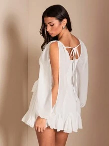 SHEIN BAE 黑色纯色露背蝴蝶结灯笼袖开衩长袖透明轻薄夏季休闲日常度假连衣裙女士 - 白色 - 查看 7