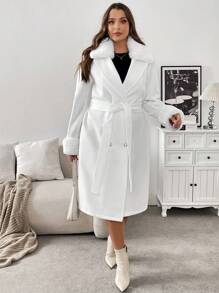 SHEIN Frenchy Plus Size Winter Detachable Fluffy Knitted Coat - White - View 3