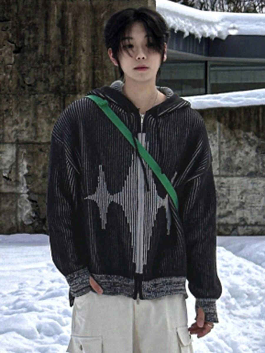 DAZY Men's Casual Pattern Cardigan Sweater, Autumn Jacket Hoodie - Black - View 1