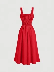 SHEIN MOD Váy dài nơ xếp nếp màu đỏ, Váy dự tiệc cưới mùa thu, Trang phục dự tiệc trưa về quê cho phụ nữ - Đỏ - Xem 2