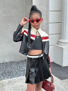 SHEIN Áo khoác cardigan dài tay cổ đứng bằng da PU cho bé gái tuổi mới lớn ngọt ngào và mát mẻ - Nhiều màu - Xem 3