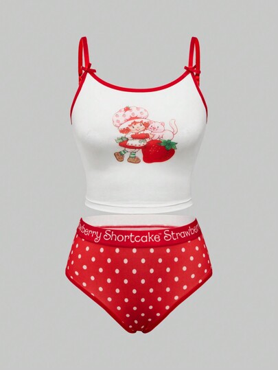 Cartoon Strawberry Print Bra And Brief Set For Women, Christmas Clothes